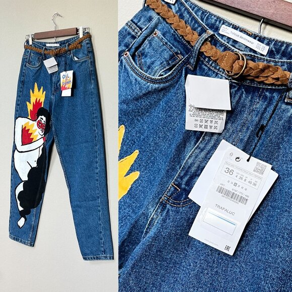 NEW TRF Zara x Ricardo Cavolo Hand Oil Painted Mom Jeans 4 + Belt Dark Wash Rare - Picture 12 of 16